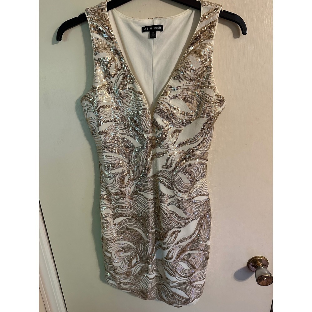 AS U Wish Ivory & Gold Sequin Dress Sleeveless‎ V Neck Party Cocktail Medium